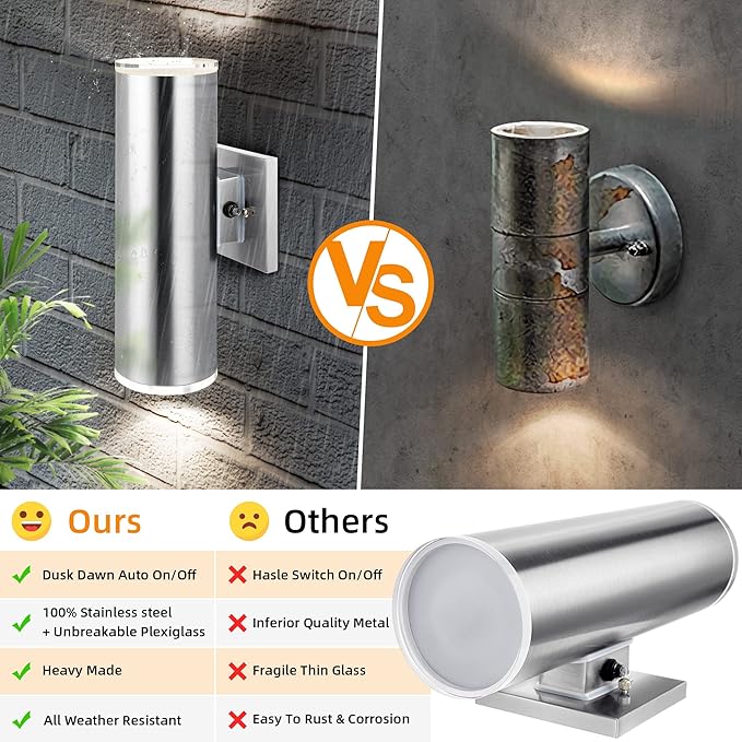 Dusk to Dawn Sensor Outdoor Porch Light, Anti-Rust Waterproof Up Down Metal Cylinder Wall Lights with Stainless Steel 304 for Courtyard Garage Entryway (13" Height, UL Listed, No Bulbs)