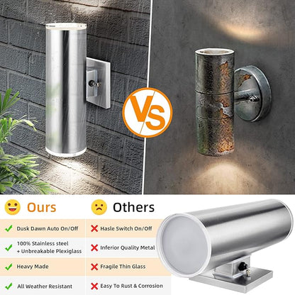 Dusk to Dawn Sensor Outdoor Porch Light, Anti-Rust Waterproof Up Down Metal Cylinder Wall Lights with Stainless Steel 304 for Courtyard Garage Entryway (13" Height, UL Listed, No Bulbs)