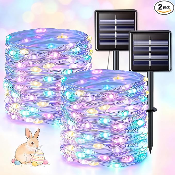JMEXSUSS 2 Pack Easter Solar Lights Outdoor, Each 100 LED 33FT Solar String Lights Outdoor Waterproof, 8 Modes Fairy Light for Outside Tree Patio Yard Party Easter Day Decorations