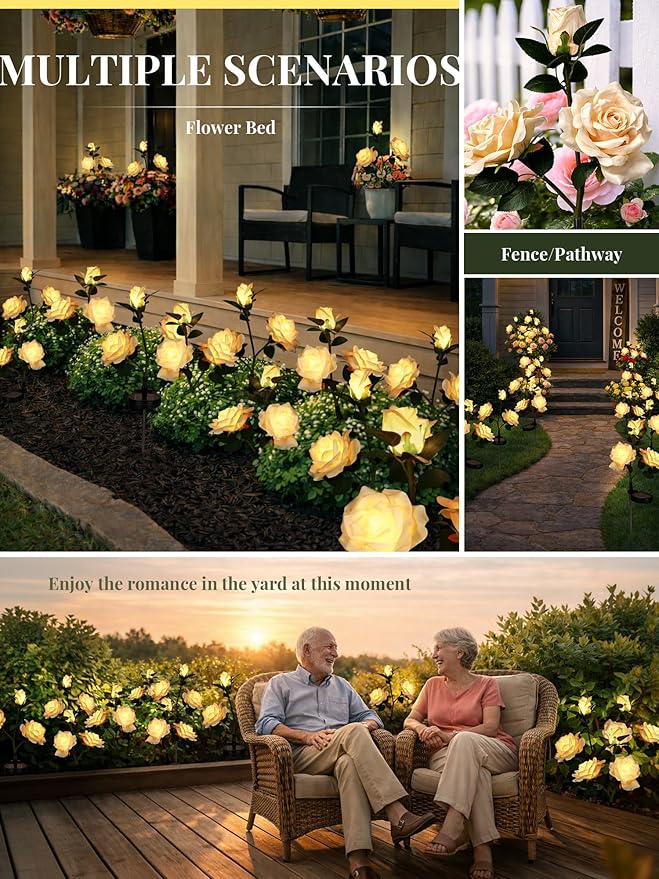GIGALUMI Solar Lights Outdoor for Garden Decor, 3 Pack Solar Flower Lights Waterproof, 2 Lighting Modes 9 Rose Flowers for Pathway,Yard, Patio Decoration, Gardening Gifts for Women (Yellow)