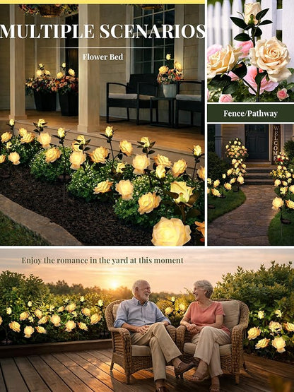 GIGALUMI Solar Lights Outdoor for Garden Decor, 3 Pack Solar Flower Lights Waterproof, 2 Lighting Modes 9 Rose Flowers for Pathway,Yard, Patio Decoration, Gardening Gifts for Women (Yellow)