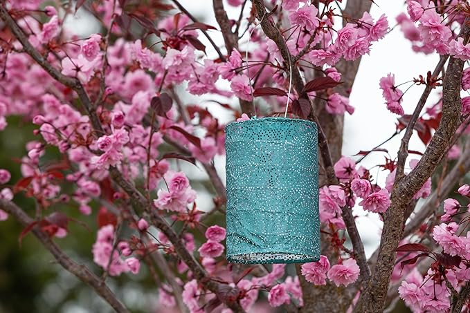 Allsop Soji Stella - Tin Art' Punched Luminaria - Cylinder - 7.5" - Outdoor Solar Latern - Metallic Emerald | Lumora