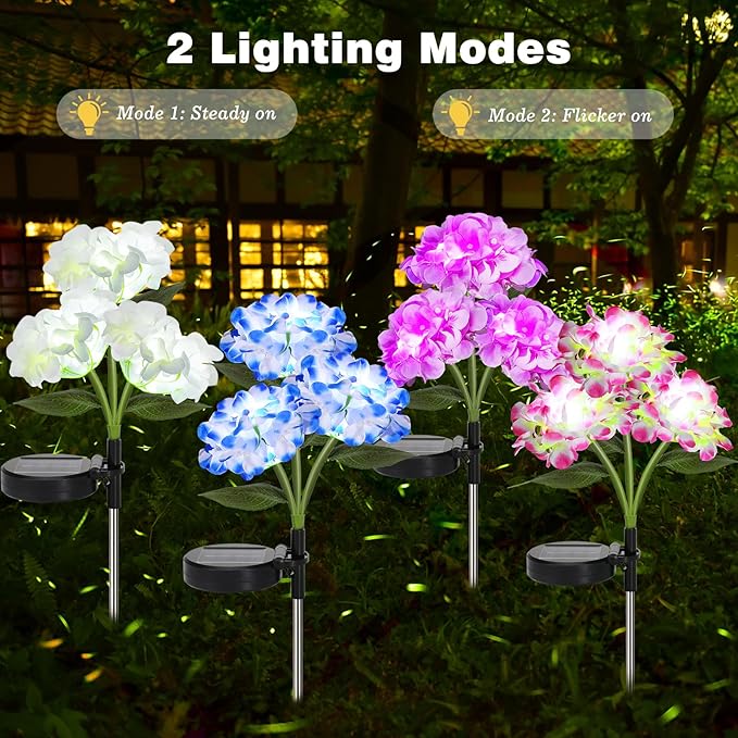 Lewondr 4 Pack Solar Garden Lights, Solar Flowers Lights with 4 Blooming Hydrangea Flowers, Waterproof Solar Lights Outdoor for Yard Porch Patio Backyard Pathway Gardening, 2 Lighting Modes, Colorful