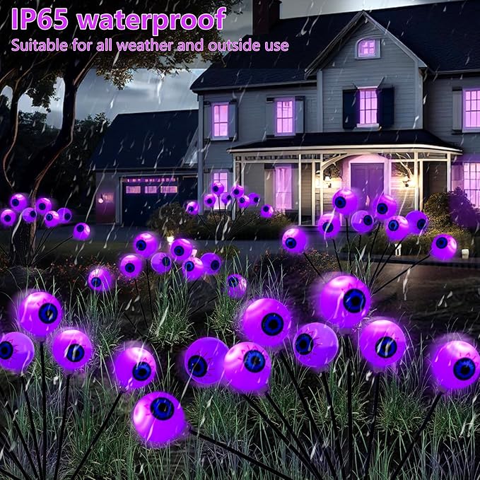 4 Pack Halloween Decorations Outdoor Lights - 32LED Solar Scary Eyeball Pathway Light Swaying by Wind, Waterproof Solar Halloween Stake Lights for Garden Porch Lawn Pathway (Purple)