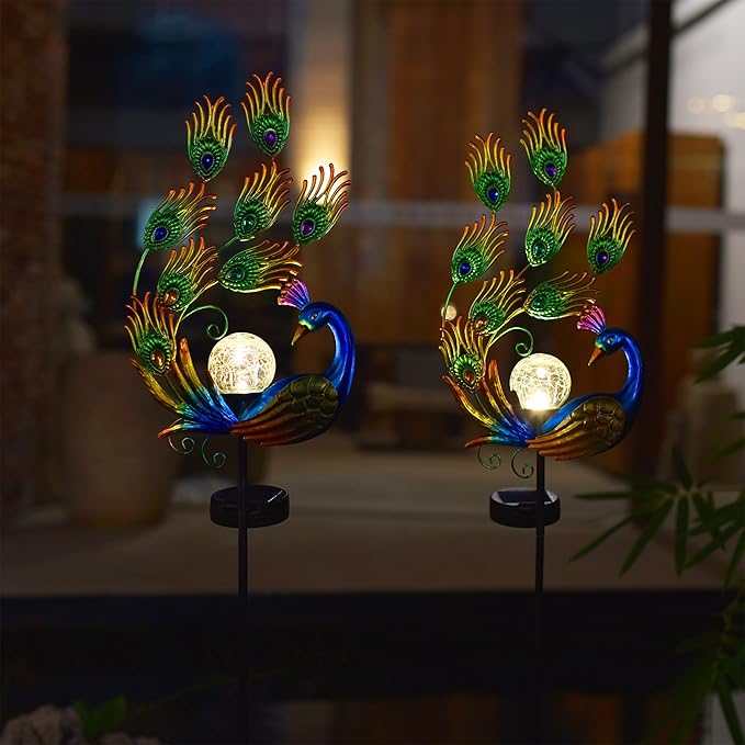 ARTER Solar Garden Stake Lights, 50 Inches Tall Metal Peacock Outdoor Waterproof Decorative LED Solar Pathway Lights with Bling Bling Jewels for Landscape Yard Patio Lawn Poolside (Pack of 2)