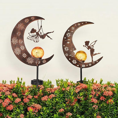 TERESA'S COLLECTIONS 2 Pcs Fairy Moon Garden Accessories for Yard Decorations Outdoor, Solar Lights for Garden Decor Outside, 40" Metal Yard Stake Pathway Lights for Patio, Gift for Christmas