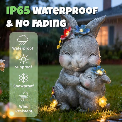Solar Garden Statue Light, 8 inch Resin Rabbit Figurine with Flowers Outdoor Decor for Patio, Lawn, Yard, Housewarming Birthday Gifts Gift for Bunny Lovers, Mom, Grandma, Women (Grey Rabbit)