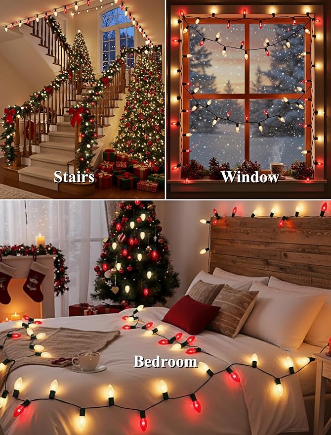 25ft C9 Red and White Christmas Lights,Waterproof C9 Christmas String Lights with 26 Red White Bulbs,Commercial Xmas Lights Outdoor for Garden House Xmas Garland Tree Decorations