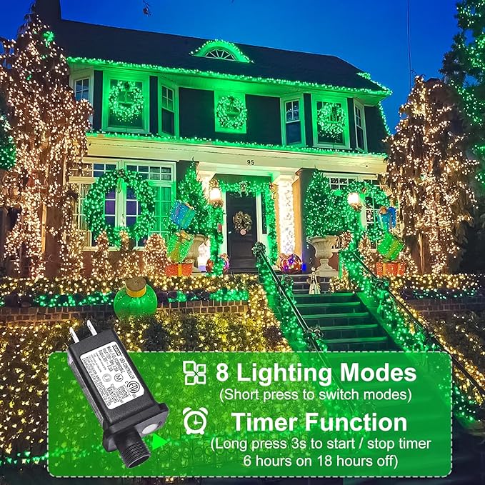 100FT 300 LED Christmas Lights Outdoor for St Patrick's Day, Green String Lights Indoorwith 8 Modes, Waterproof | Lumora