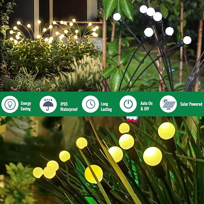 Garden Firefly Lights Solar ,2 Pack 6 LEDs Solar Powered Swaying Outdoor Lights Waterproof,Landscape Yard Patio Pathway Garden Decor,Warm White