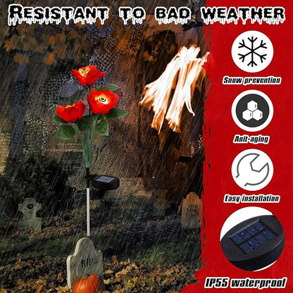 Riakrum 2 Pack Halloween Solar Eyeballs Stake Lights Waterproof Scary Roses Solar Lights Halloween Outdoor Decorations for Garden Yard Patio Pathway Lawn Party Outside Decor