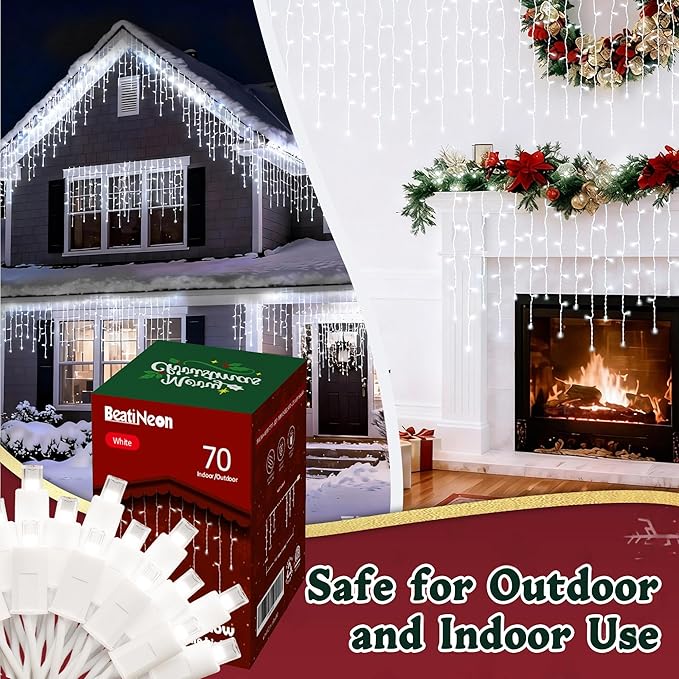 LED Christmas Lights, 100 LED Icicle Lights on 7FT with 4 Inch Spacing - 5MM Wide Angle White Bulbs, IP68 Waterproof & ETL Certified for Outdoor/Indoor