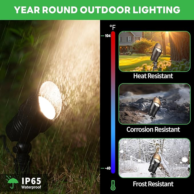 Landscape Spotlights Low Voltage - Warm & Cool White Adjustable Temp Uplight, Outdoor 12V LED Spot Lights, Wired IP65 Waterproof Aluminum, Black for Exterior House Tree Garden Yard