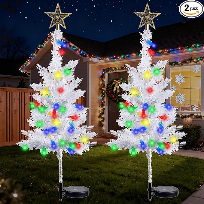 2 Pack 39'' Solar Christmas Tree Lights Outdoor - Large White Solar Christmas Tree with 100 LED Multi-Color C6 String Lights for Outside Decorations, Xmas Trees Decor for Yard Pathway Cemetery