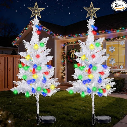 2 Pack 39'' Solar Christmas Tree Lights Outdoor - Large White Solar Christmas Tree with 100 LED Multi-Color C6 String Lights for Outside Decorations, Xmas Trees Decor for Yard Pathway Cemetery