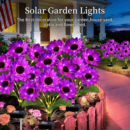 Solar Garden Lights Outdoor, 4 Pack Solar Purple Sunflower Lights with 18 Head 3.4 Inch Flowers, Waterproof Flowers Light Fall Decor Auto ON/Off for Garden Yard Patio Backyard, Gifts for Mom Women