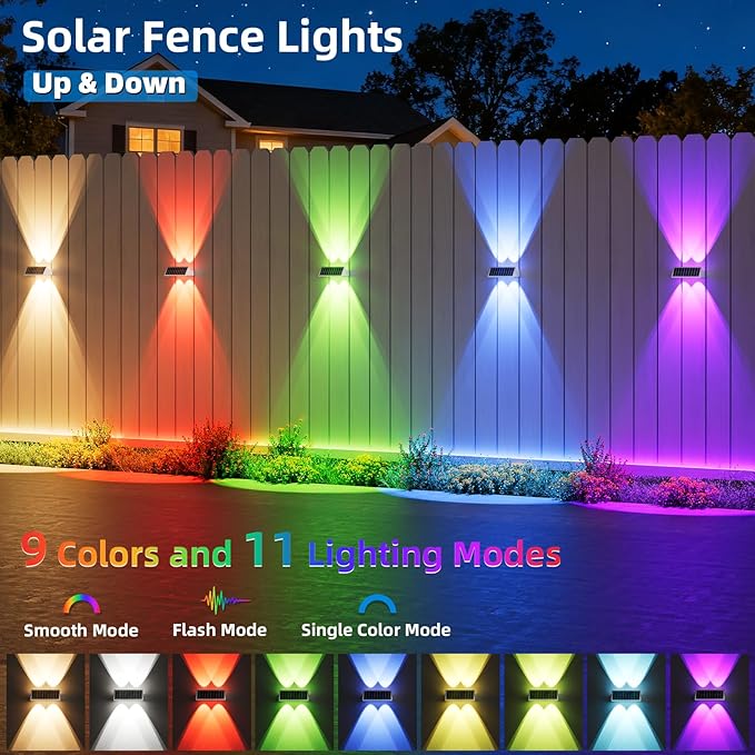 NIORSUN Solar Fence Lights Outdoor, 8 Pack Up and Down Waterproof Solar Wall Lights, Fence Lights with Lens, Warm & | Lumora