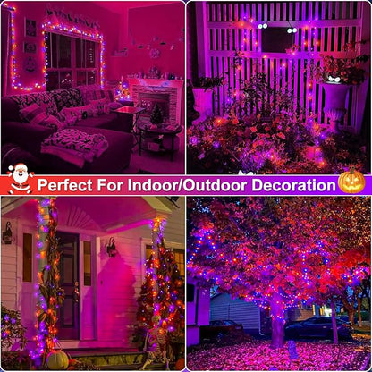 Orange and Purple Christmas Lights, 66FT 200 LED Christmas Lights Outdoor with 8 Modes Waterproof, Plug in Twinkle Tree Light Green Wire for Indoor Bedroom Garden Patio Party Decorations