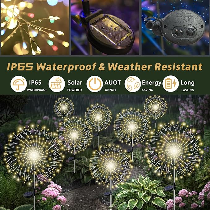 210LED Solar Firework Lights, 4Pack Outdoor Solar Garden Lights Decorative with 8 Modes, Waterproof Fairy Starburst Light for Outside Yard, Pathway, Party, Garden Decor, Warm White