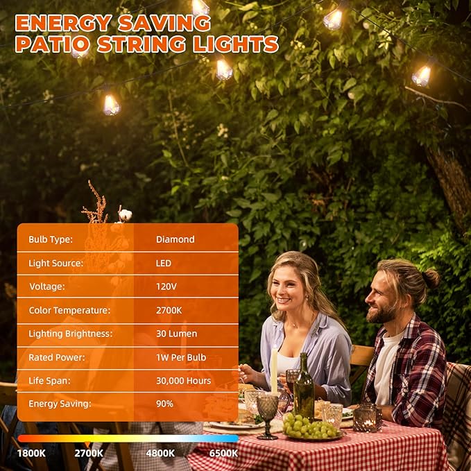 Kawaya Outdoor String Lights 97 FT LED Patio With 48+1 Shatterproof Unique Diamond Edison Bulbs 2700K Dimmable IP65 Waterproof for Yard Porch Deck Balcony Bistro Cafe