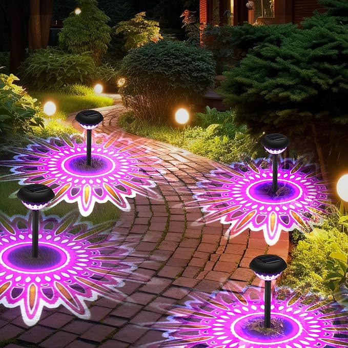 Retisee 4 Pack Diwali Lotus Decoration Solar Pathway Lights Led Waterproof Lotus Lights Diwali Projector Lamp Outdoor for Garden Yard Patio Decor Indian Temples Pooja Gifts
