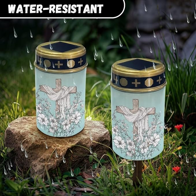 Cemetery Solar Lights for Grave Cross Printed Solar Garden Lights for Cemetery Solar Lights Outdoor Garden, Eternal Lights for Cemetery Grave Decoration