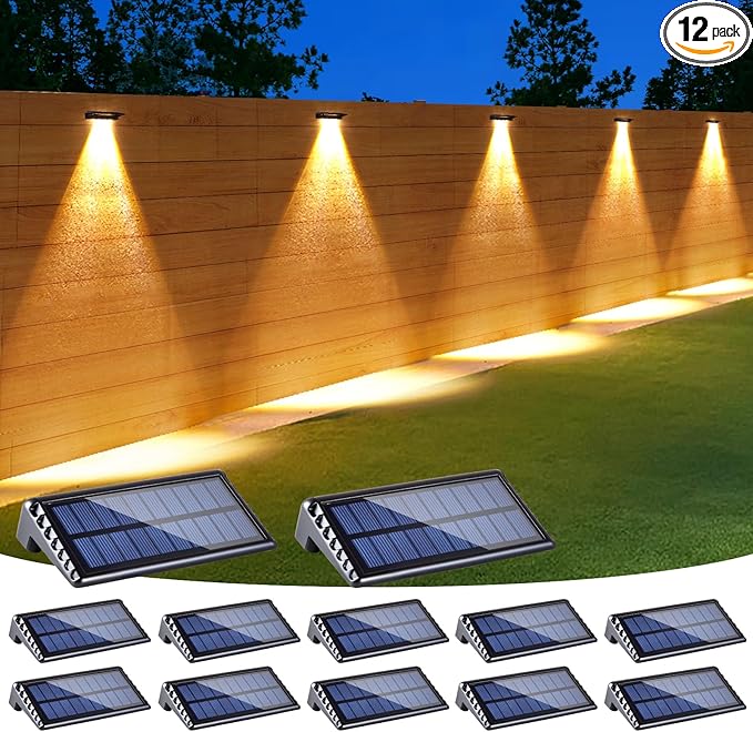 Solar Fence Lights Outdoor Waterproof LED,4LEDs Focus Lens Solar Wall Lights,Auto ON Off Warm White Outdoor Lights for Patio,Deck,Fence, Step,and Railing,Backyard Decor(12 Pack)
