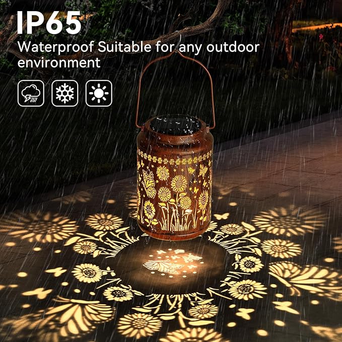 Sunflower Solar Lanterns Outdoor,Butterfly Gifts Metal Hanging Lights,Waterproof LED Solar Lights for Garden,Yard,Patio Pathway Lawn Decor,Birthday Gifts for Women,Mom-with S-Hook