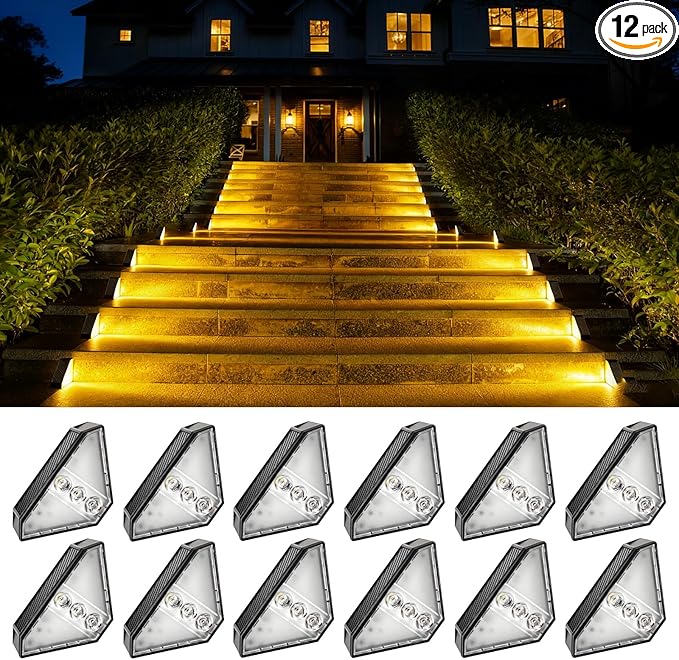Solar Stair Lights 12 Pack, Solar Step Light for Outdoor Stairs Waterproof for Rain & Snow, Warm White (3000K) LED Lights for Patio, Garden, Porch, Deck, Front Step & Staircase