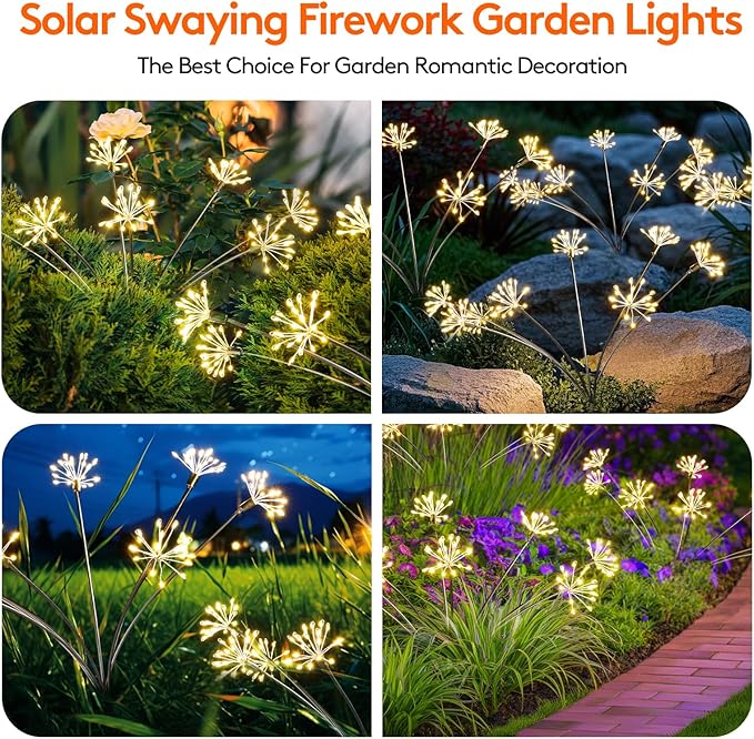 Solar Garden Lights, Firework Starburst Ground Plug Lights 2 Packs, 160 LED Solar Powered Waterproof Firefly Light for Outdoor Garden, Patio, Yard, Flowerbed Decor, Warm White
