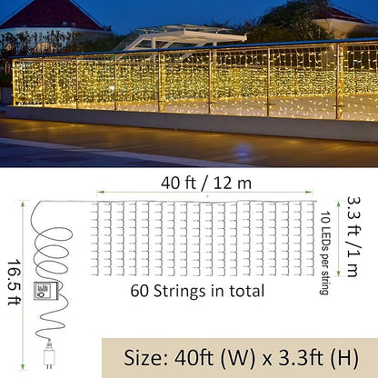 Solhice LED Curtain Lights Outside 40ft x 3ft for Backyard, 600 LED Plug in Hanging Fence String Lights Outdoor Waterproof for Backdrop Backyard Patio Deck Décor (Not Connectable)