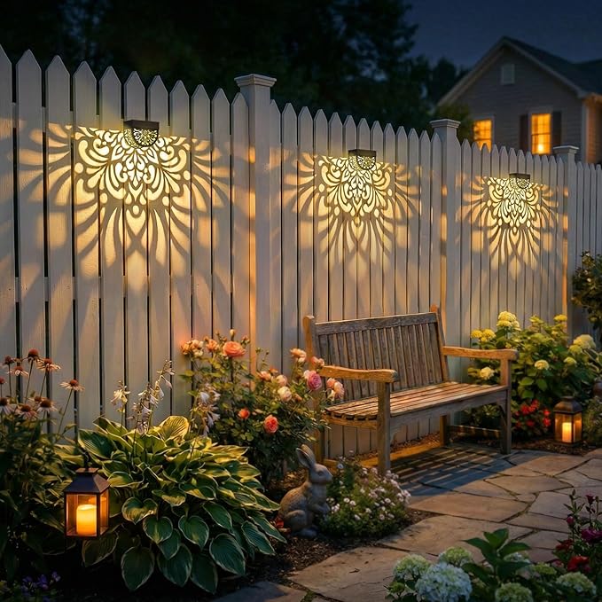 4 Pack Solar Fence Lights Outdoor Wall Lights Plastic Solar Powered Deck Step Stair Lights Mandala Theme Waterproof Fence Solar Light for Garden Post Patio Yard Decor, Gardening Gifts for Women Mom