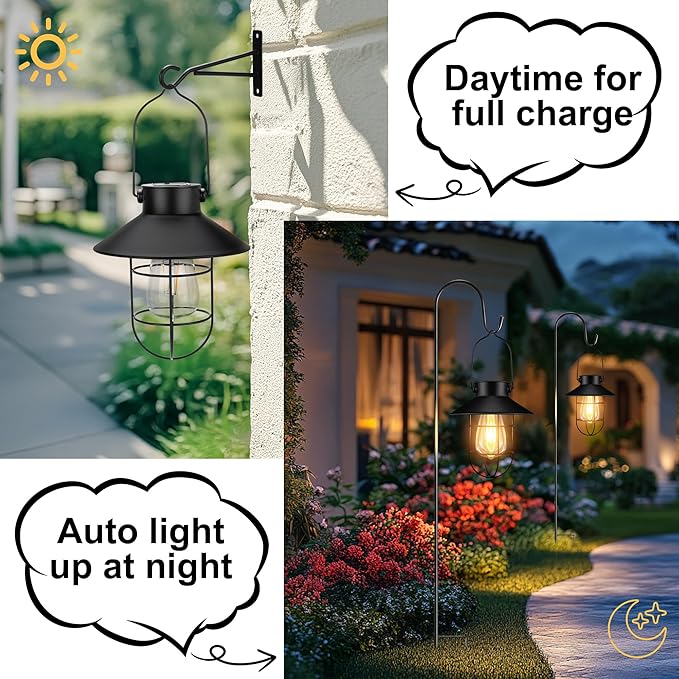 pearlstar 2 Pack Solar Lights Outdoor, Hanging Solar Lanterns with Edison Bulb and 2 x 32 Inch Shepherd Hooks | Lumora