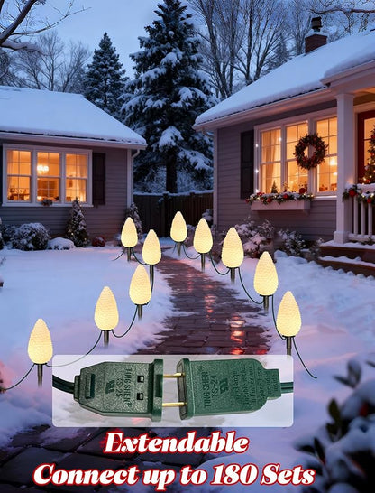 Christmas C9 Pathway Lights 7FT Pinecone, LED with 4 Stakes Connectable Holiday Commercial Warm White Light Decoration UL Listed - Green Wire