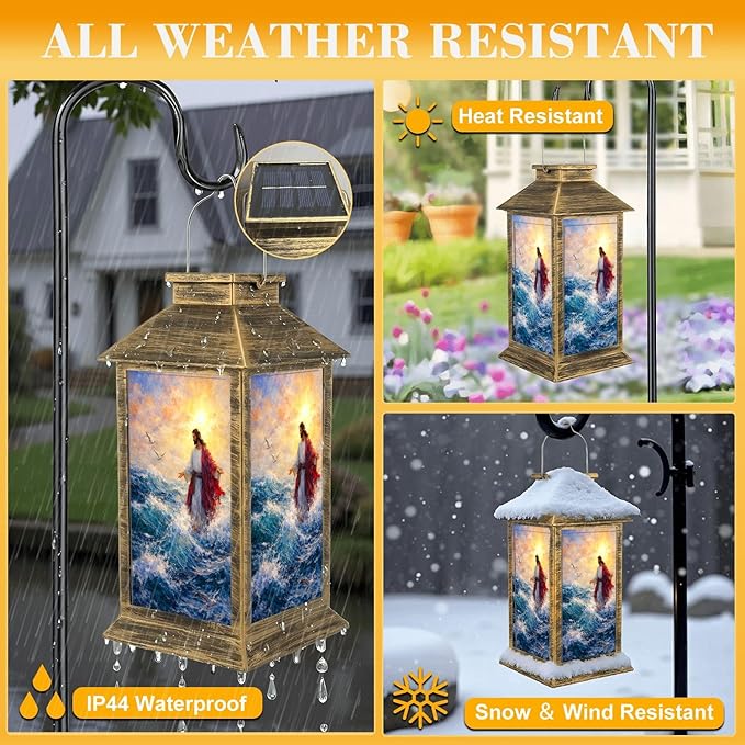 Solar Lantern Outdoor Waterproof Jesus Walks Water Christian Stories Walking Biblical Figure Waves Garden Decor LED Solar Lights Hanging/Tabletop Lamp Gifts for Women Mom for Outside Yard Patio