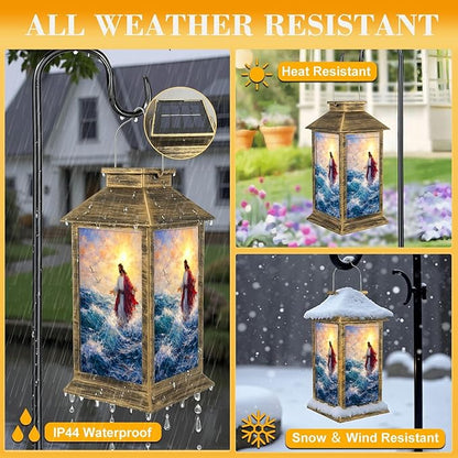 Solar Lantern Outdoor Waterproof Jesus Walks Water Christian Stories Walking Biblical Figure Waves Garden Decor LED Solar Lights Hanging/Tabletop Lamp Gifts for Women Mom for Outside Yard Patio