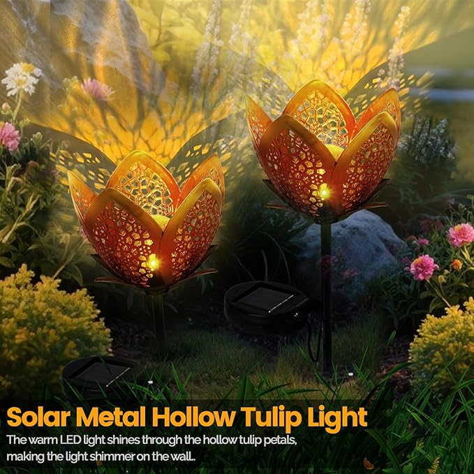 Outdoor Solar Tulip Light, Crackle Globe Glass Metal Flower Decorations Lights for Lawn Ornaments, LED Lotus Hollow Petal Stake Light for Patio Yard Lawn Walkway Ground (Tulip - 2pcs)