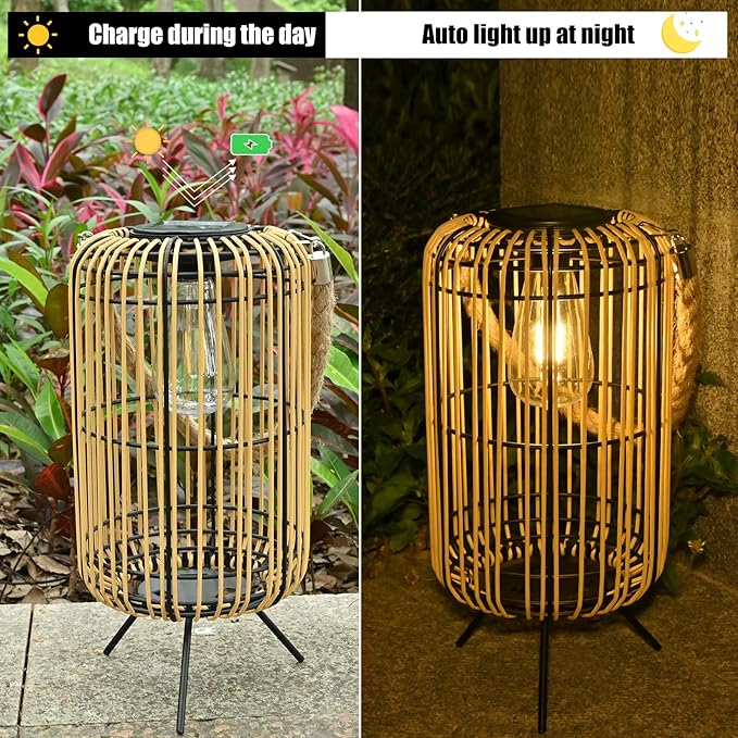 Livinlarge Solar Lantern Outdoor Waterproof,Large Rattan Lantern Outdoor Hanging with Handle,Bright Solar Lights | Lumora