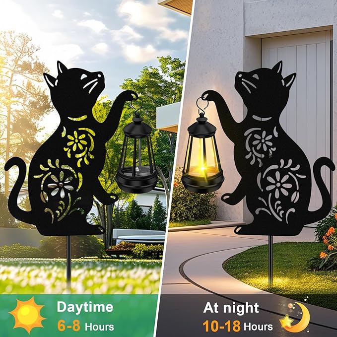 Solar Garden Statues Cat Decor - Outdoor Metal Lantern Silhouette Stake, Waterproof Solar Lights for Yard Patio | Lumora