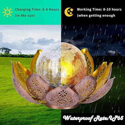 DUSVALLY Lotus Solar Globe LED Light Garden Decoration, Outdoor IP65-Waterproof Crack Glass Solar Flower Lamp Hollow Out Retro Golden Metal Light for Patio, Lawn & Pathway Landscape, 12" W * 6" H