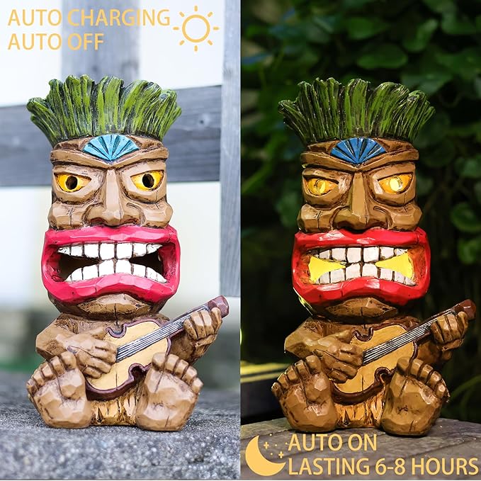 Solar Tiki Statue Outdoor Decor-Garden Guitar Tiki Statues-Tiki Bar Decorations for Outdoor Patio Yard Lawn Balcony | Lumora