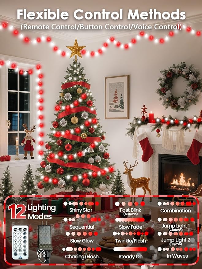 2025 New Connectable 43FT Smart Voice Controlled Christmas String Lights Indoor Outdoor | 100LED Red and White Globe Twinkle Lights with Remote & Timer | 12 Modes Waterproof Christmas Tree Decorations