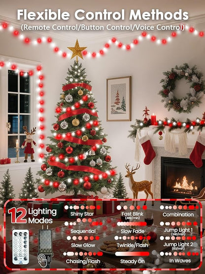 2025 New Connectable 43FT Smart Voice Controlled Christmas String Lights Indoor Outdoor | 100LED Red and White Globe Twinkle Lights with Remote & Timer | 12 Modes Waterproof Christmas Tree Decorations