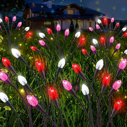 4 Pcs St Patricks Day Outdoor Decorations Solar Lights Waterproof Green 48 LED Swaying Pathway Firefly Stake Lights for Outside Yard Garden Lawn Decorations(Pink White,Pine Cone)