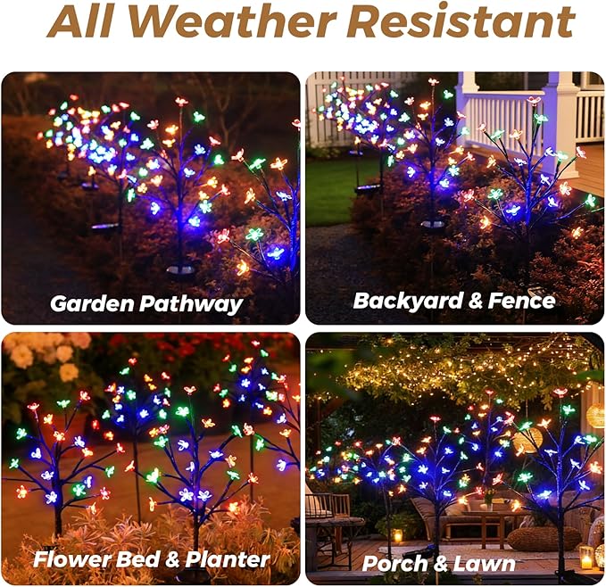 Solar Garden Lights Outdoor Garden Decor, 2 Pack Cherry Blossom Solar Flowers Outdoor Waterproof Fairy Solar Lights, Outside Yard Decorations for Patio Pathway Decor, Gardening Gifts for Women Mom