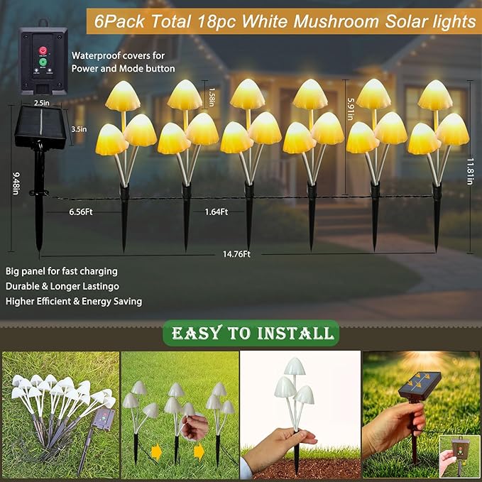 Solar Mushroom Lights for Outside, 6Pack 18LED Mushrooms with 8 Lighting Modes, Unique Mushroom Garden Decor Gifts, Cute Mushroom Solar Lights Outdoor for Path,Landscape,Yard,Patio,Lawn Decor
