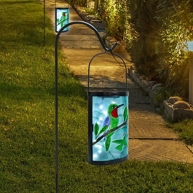 Hanging Solar Lantern Outdoor Waterproof Hummingbird Solar Lights Glass Tabletop Decorative Lamp for Outdoor Patio | Lumora