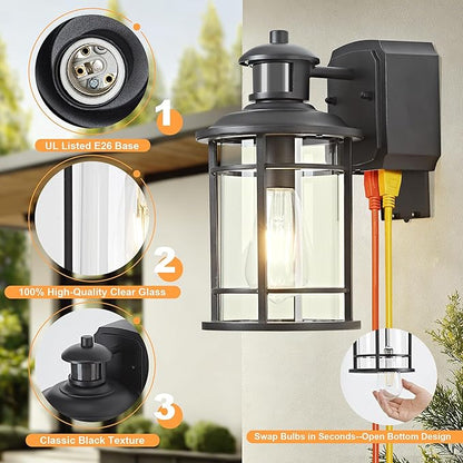 Patio Wall Light Fixture with Dual GFCI Outlets, Outdoor Light with Outlet, Motion Sensor with 3 Sensor Modes & Dusk-to-Dawn, Vintage Industrial Black Outdoor Lantern, for Porch Patio Garage Entryway