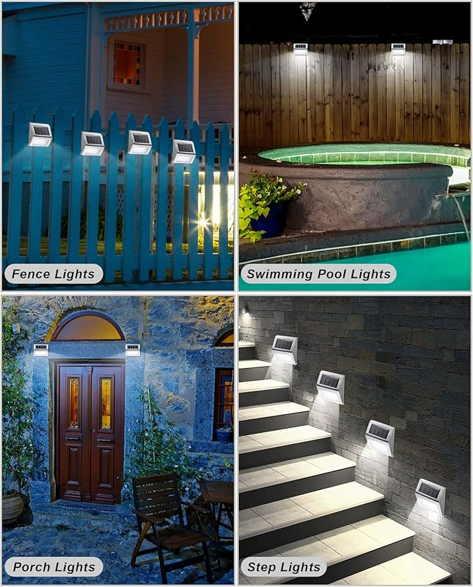 Treela 24 Packs Outdoor Fence Lights Solar Powered Deck Lights Waterproof Backyard Lighting Stainless Steel Lamp Stairs Fence Light Security Wall Lamps for Step Walkway Patio Garden Pathway (White)