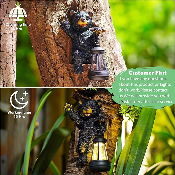 Bear Tree Hugger with Solar Lantern - Resin Bear Statue for Outdoor Garden Decor - Ideal Housewarming & Birthday | Lumora